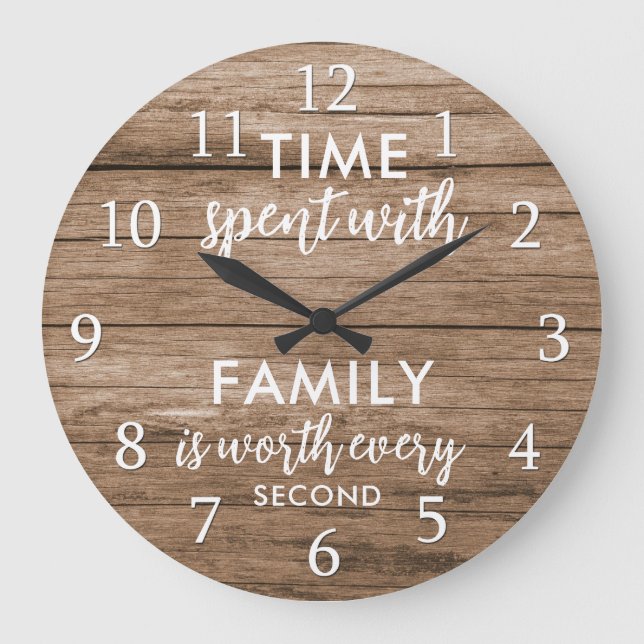 Zeit mit familiärem Zitat Typografie Rustikales Ho Große Wanduhr (Vorderseite)
