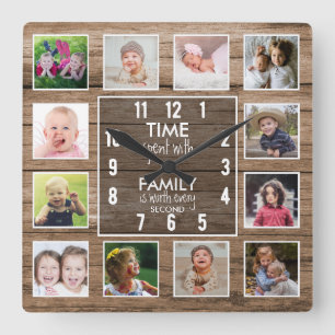 Zeit mit Familienzitat 12 Fotocollage Holz Quadratische Wanduhr