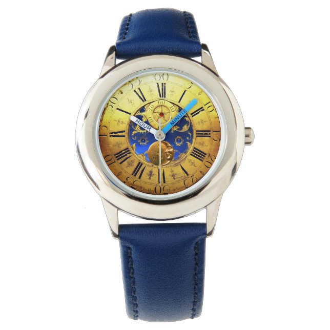 ZEIT, Sonne, Mond und Sterne, blau, gelb Armbanduhr (Vorderseite)