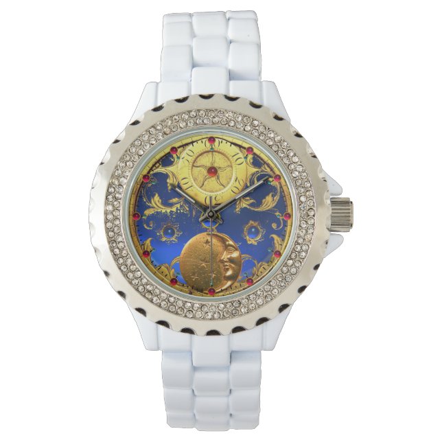 ZEIT, Sonne, Mond und Sterne, blau, gelb Armbanduhr (Vorderseite)