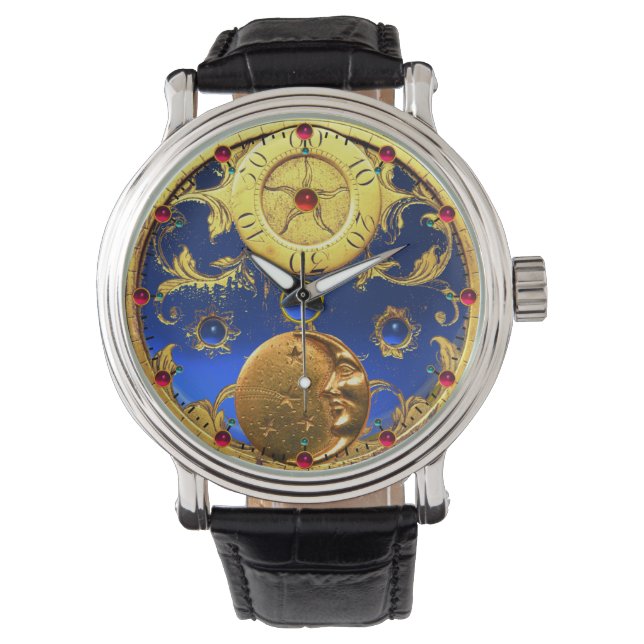 ZEIT, Sonne, Mond und Sterne, blau, gelb Armbanduhr (Vorderseite)