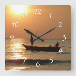 Zeit Uhr-, Sonnenuntergang-Boots-Foto zu fischen Quadratische Wanduhr