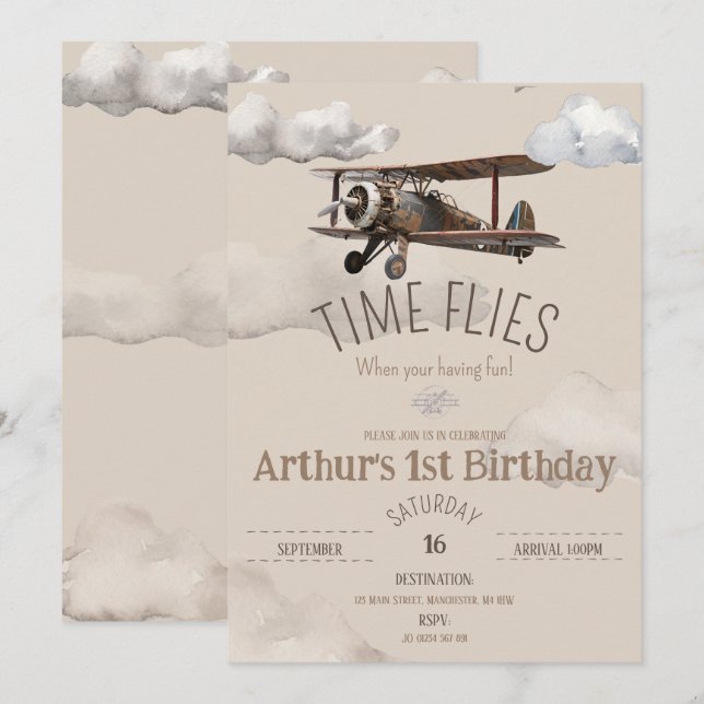 Zeitfliegen Flugzeug zum Geburtstag Einladung (Vorne/Hinten)