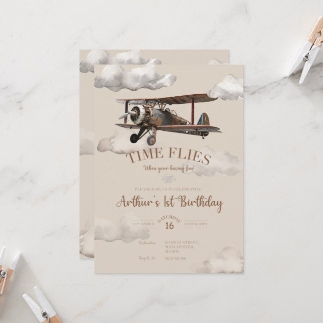 Zeitfliegen Flugzeug zum Geburtstag Einladung (Vorderseite/Rückseite Beispiel)