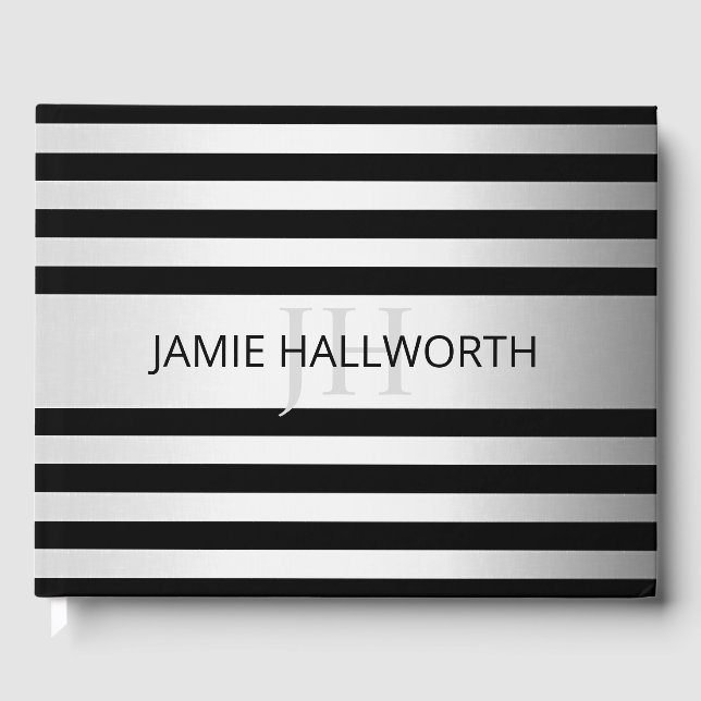 Zeitgemäße Imitate Silver Ombre Stripes & Black Gästebuch (Vorderseite)