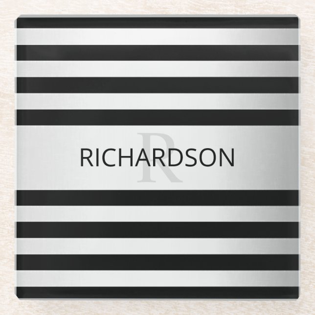 Zeitgemäße Imitate Silver Ombre Stripes & Black Glasuntersetzer (Vorderseite)