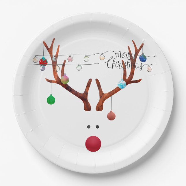 Zeitgemäßer Rudolph mit Lichtzeichenfolge Pappteller (Vorderseite)