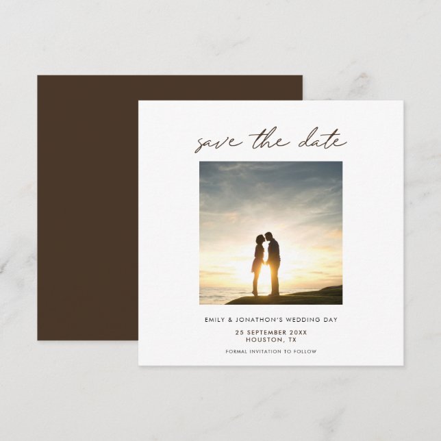 Zeitgemäßes Foto Modernes Drehbuch Brown Save The Date (Vorne/Hinten)
