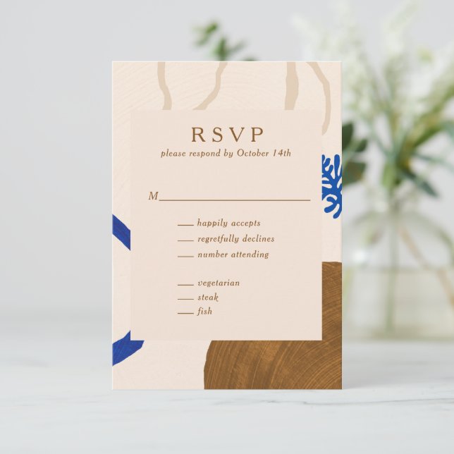 Zeitgenössische Abstrakte Formen Art Blue Tan Hoch RSVP Karte (Stehend Vorderseite)