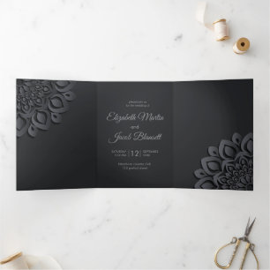 Zeitgenössische Black Papercut Mandala Wedding Dreifach Gefaltete Einladung
