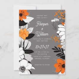 Zeitgenössische Blume Schwarz, Weiß, Orange Hochze Einladung