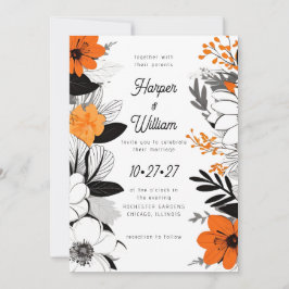 Zeitgenössische Blume Schwarz, Weiß, Orange Hochze Einladung
