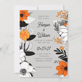 Zeitgenössische Blume Schwarz, Weiß, Orange Hochze Einladung