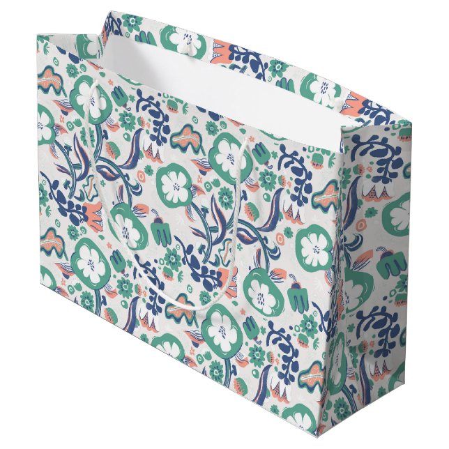 Zeitgenössische Blumendoodle drucken Große Geschenktüte (Rückseite Schrägansicht)