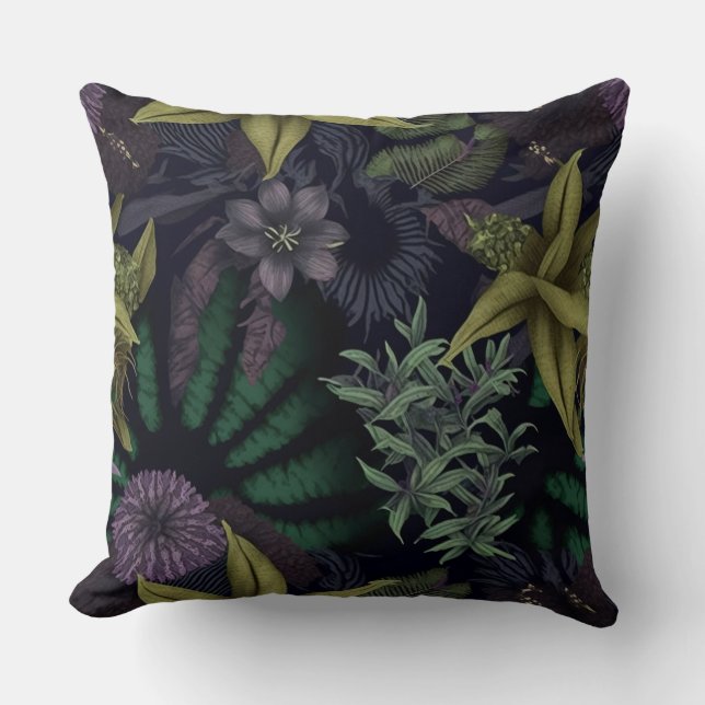 Zeitgenössische dunkle Flora botanisch Lila & grün Kissen (Vorderseite)
