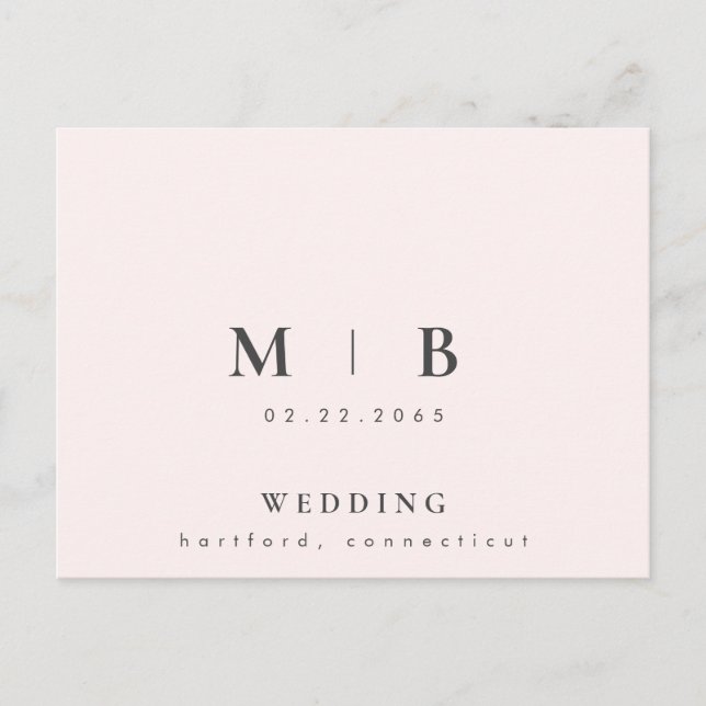 Zeitgenössische einfache Sleek Monogram Blush Wedd Einladungspostkarte (Vorderseite)