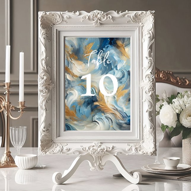 Zeitgenössische Eleganz: Blue White Gold Tischnummer (Contemporary Blue, White, Gold Elegance table number card.)
