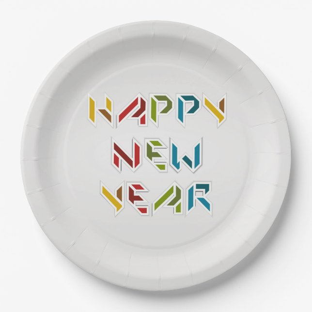 Zeitgenössische, farbenfrohe Silvester Paper Telle Pappteller (Vorderseite)