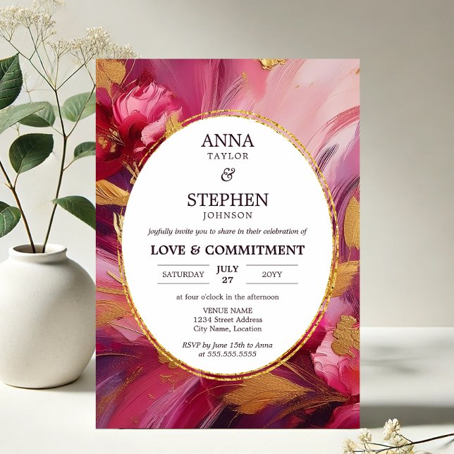 Zeitgenössische Fuchsia Elegance Commitment Zeremo Einladung (Contemporary Elegance in Fuchsia brushstroke commitment ceremony invitation front)
