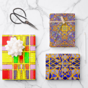 Zeitgenössische geometrische abstrakte Gold/Blau/G Geschenkpapier Set