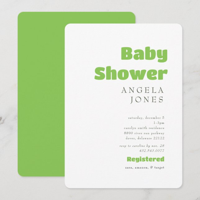 Zeitgenössische Kalkgrün-neutrale Babydusche Einladung (Vorne/Hinten)