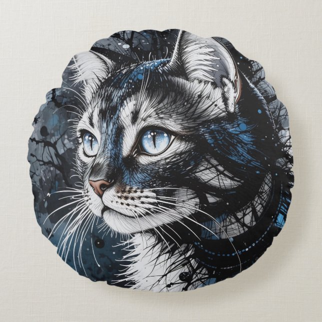 Zeitgenössische Katze Rundes Kissen (Vorderseite)