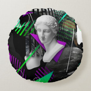 Zeitgenössische Kunstcollage mit Gipskopfstatur  Rundes Kissen