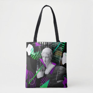 Zeitgenössische Kunstcollage mit Gipskopfstatur  Tasche