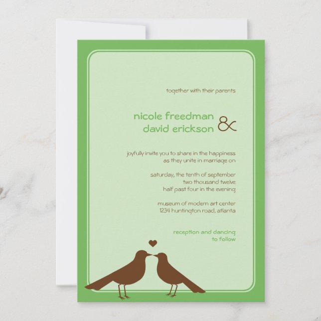 Zeitgenössische Liebesvögel Grüne Hochzeitseinladu Einladung (Vorderseite)