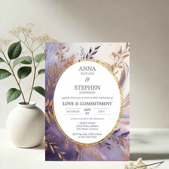 Zeitgenössische Lila Verpflichtung Einladung (Contemporary Purple Lavender Elegance Commitment Ceremony invitation front in situ)