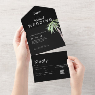 Zeitgenössische Palm Tree Black QR Code Hochzeit All In One Einladung