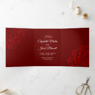 Zeitgenössische Red Papercut Mandala Wedding Dreifach Gefaltete Einladung