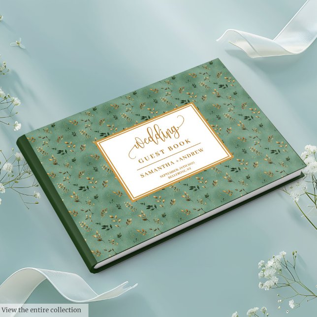 Zeitgenössische Salbei-Goldmedaille Gästebuch (Contemporary sage green gold eucalyptus wedding Guest Book)