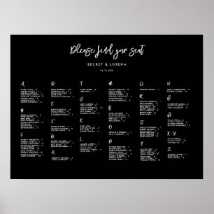 Zeitgenössische schwarze Alphabetische Sitzkarte Poster