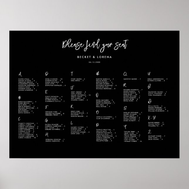 Zeitgenössische schwarze Alphabetische Sitzkarte Poster (Vorne)