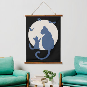 Zeitgenössische Silhouette Katze und Kätzchen Wandteppich Mit Holzrahmen