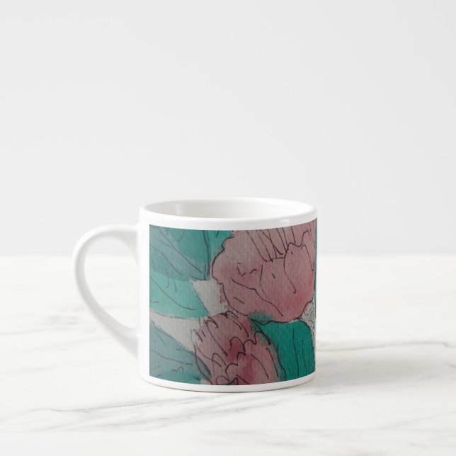 zeitgenössische skizzenhafte rosa Blume und Blätte Espressotasse (Links)