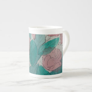zeitgenössische skizzenhafte rosa Blume und Blätte Prozellantasse