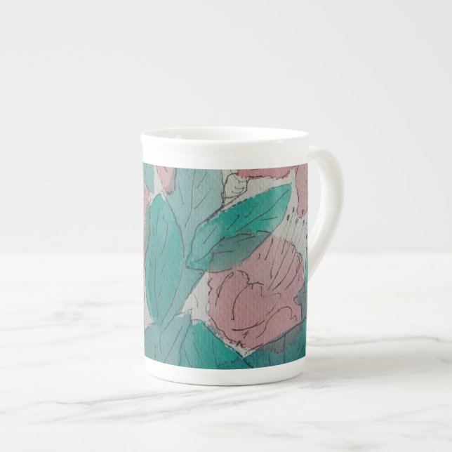zeitgenössische skizzenhafte rosa Blume und Blätte Prozellantasse (Vorderseite Rechts)