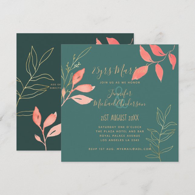 Zeitgenössische WEDD ANNIVERSARY Coral Turquoise Einladung (Vorne/Hinten)