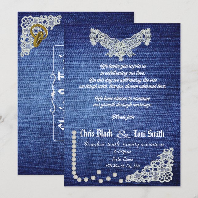Zeitgenössischer Denim, Pearls & Lace Wedite Einla Einladung (Vorne/Hinten)