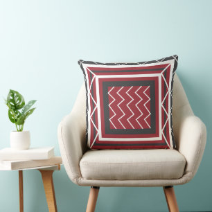 Zeitgenössischer Grau Weiß Rot Quadrat Chevron Str Kissen