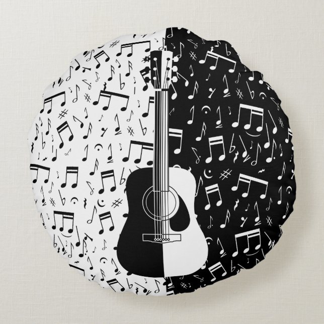 Zeitgenössischer Schwarzweiss-Gitarren-Musiknoten Rundes Kissen (Rückseite)