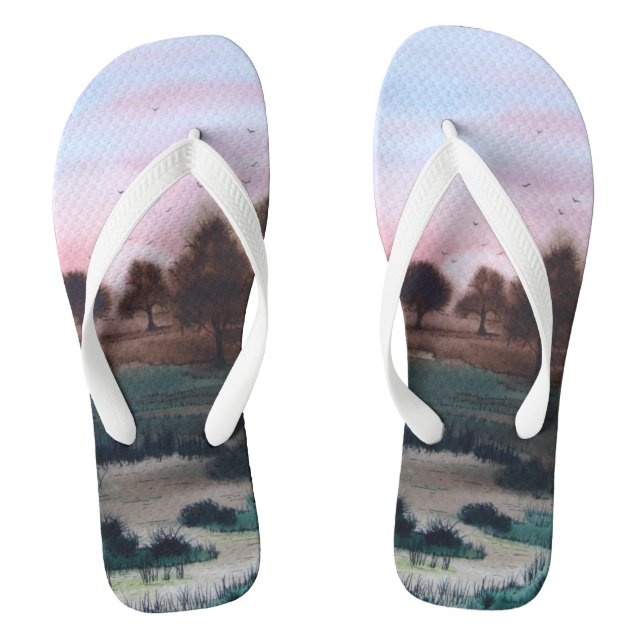 zeitgenössisches abstraktes Sonnenuntergangsdesign Flip Flops (Fußbett)