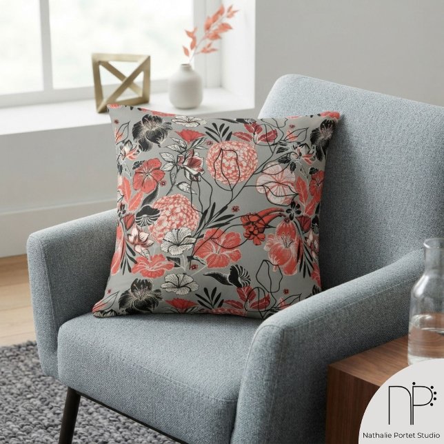 Zeitgenössisches graues Muster Kissen (This Contemporary Gray Floral Pattern Throw Pillow features hand-drawn tropical floral art.)