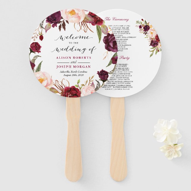 Zeitgenössisches Hochzeitsprogramm für Burgund Rot Fächer (Vorne und Hinten)
