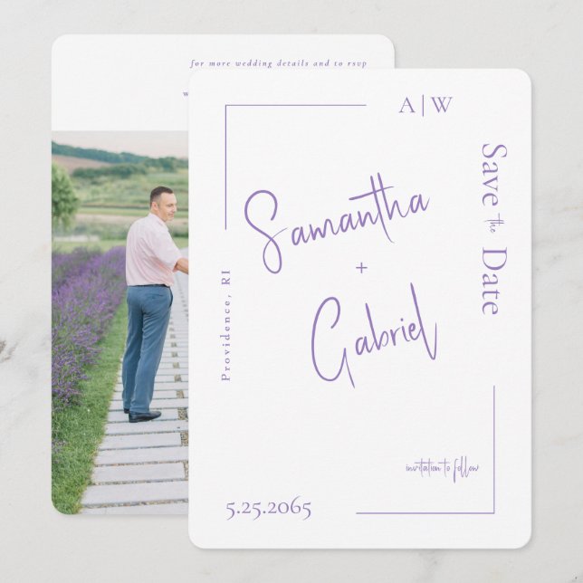 Zeitgenössisches Lavendel-Foto Hochzeit Sichern Si Save The Date (Vorne/Hinten)
