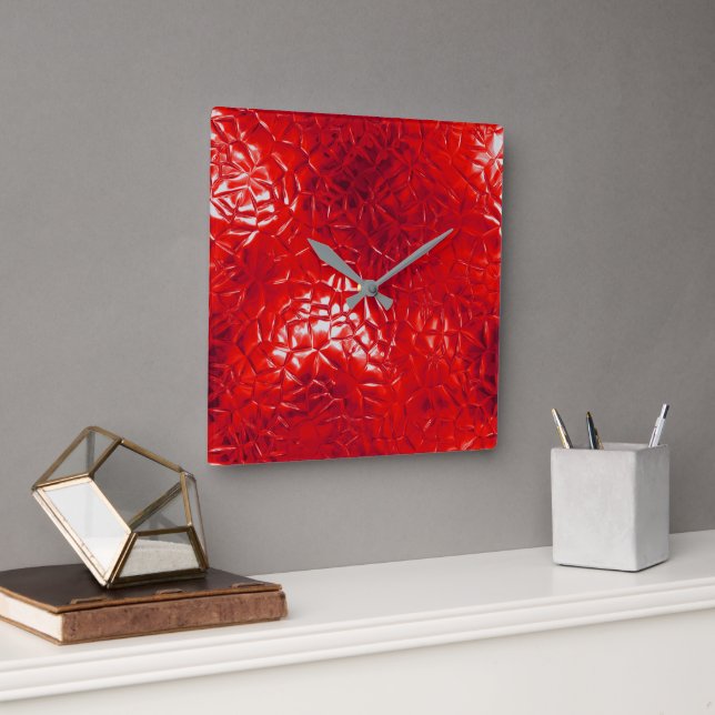 Zeitgenössisches Rotes Foil Abstrakt Quadratische Wanduhr (Büro)