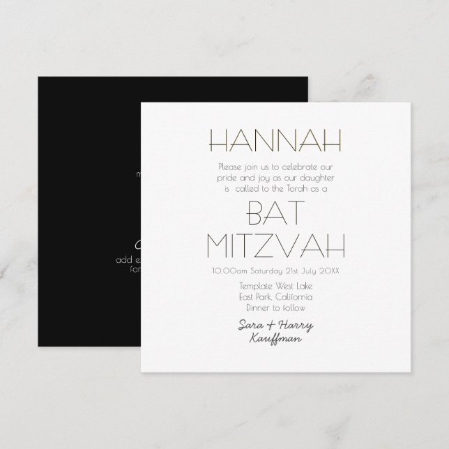 Zeitgenössisches Schwarz-weißes BAT MITZVAH Classi Einladung (Vorne/Hinten)