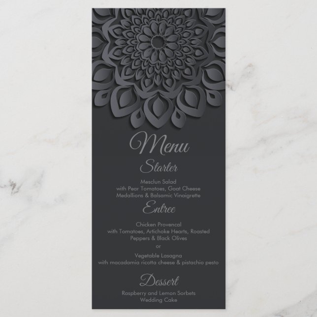 Zeitgenössisches Schwarzpapier Cut Mandala Wedding Menükarte (Vorderseite)